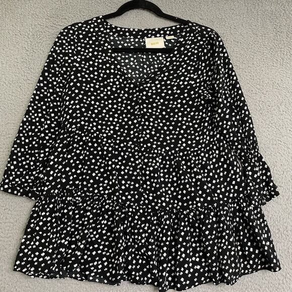 MAEVE White Black Polka Dot Peplum 3/4 Sleeve Blouse Womens Small - Picture 2 of 9